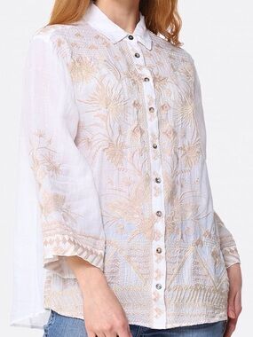 Johnny Was White Linen Button-Front Blouse with Beige Embroidery